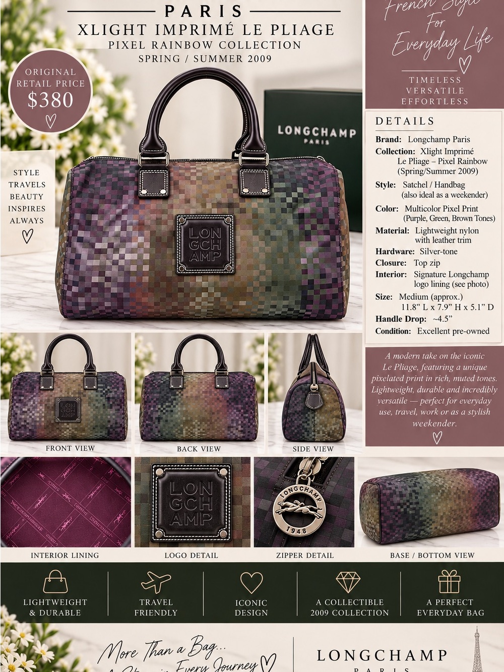 Longchamp Check Hand Bag with Plum Interior